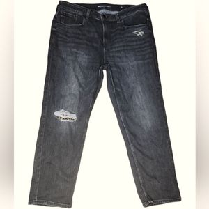 Chico's 14R Black Distressed Boyfriend Ankle Jeans with Leopard Print under Rips